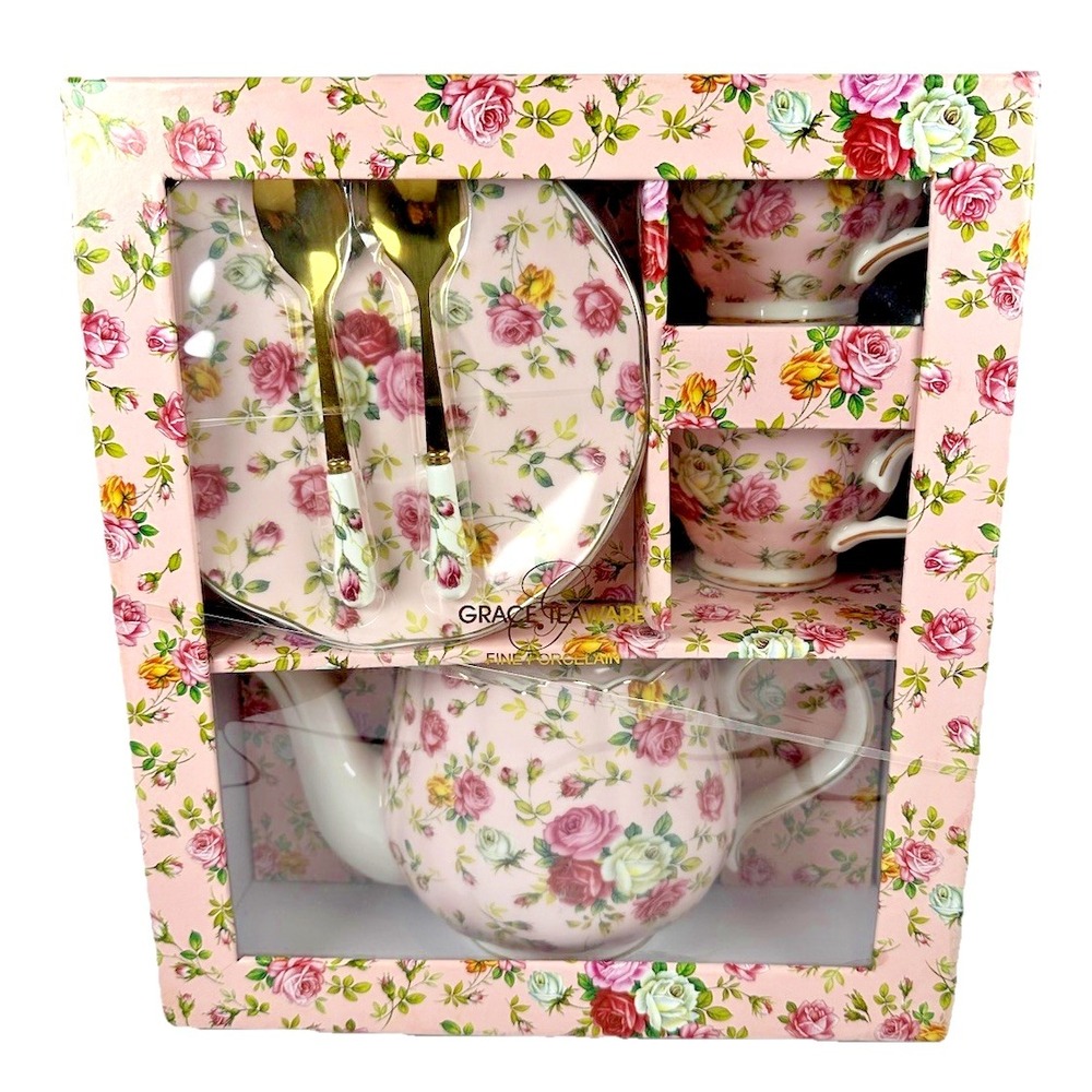 Grace Teaware Pink Vintage Rose 7 Piece Tea Time Gift Set Teapot Cups Saucers Ne